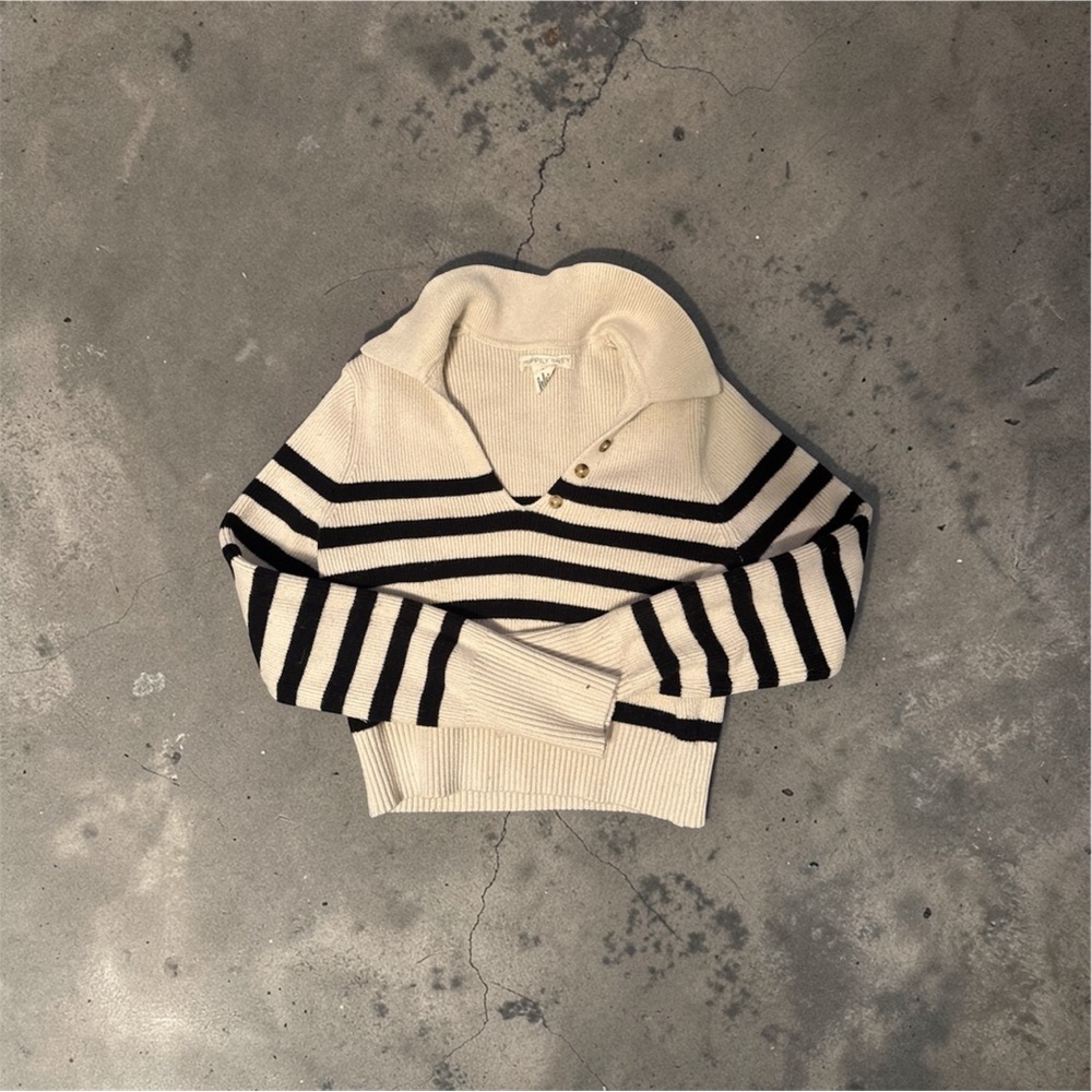 Cream Black Striped Collared Sweater – Women’s Small – Ribbed Knit Polo Style - Picture 2 of 4